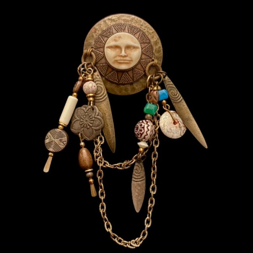 Rare Vintage Artisan Sun God Talisman Brass Beaded Chain Brooch
